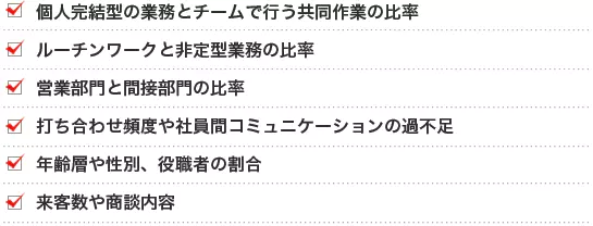 個人完結型の業務とチームで行う共同作業の比率 ルーチンワークと非定型業務の比率 営業部門と間接部門の比率 打ち合わせ頻度や社員間コミュニケーションの過不足 年齢層や性別、役職者の割合 来客数や商談内容