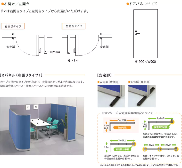 ・右開き/左開き ドアは右開きタイプと左開きタイプからお選びいただけます。 ・ドアパネルサイズ H1900xW900 ・Rパネル（皮張りタイプ） ・安定脚