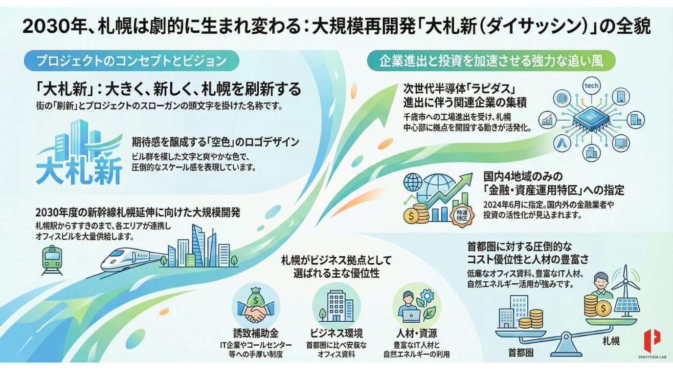 札幌のオフィス市場や街づくりを語る上で欠かせないキーワードが、「大札新（ダイサッシン）」です。「大札新」とは、2030年度の北海道新幹線札幌延伸を見据え、札幌市が2022年度から開始した中心部（札幌駅・大通・すすきの）の再開発および企業誘致プロジェクトです。