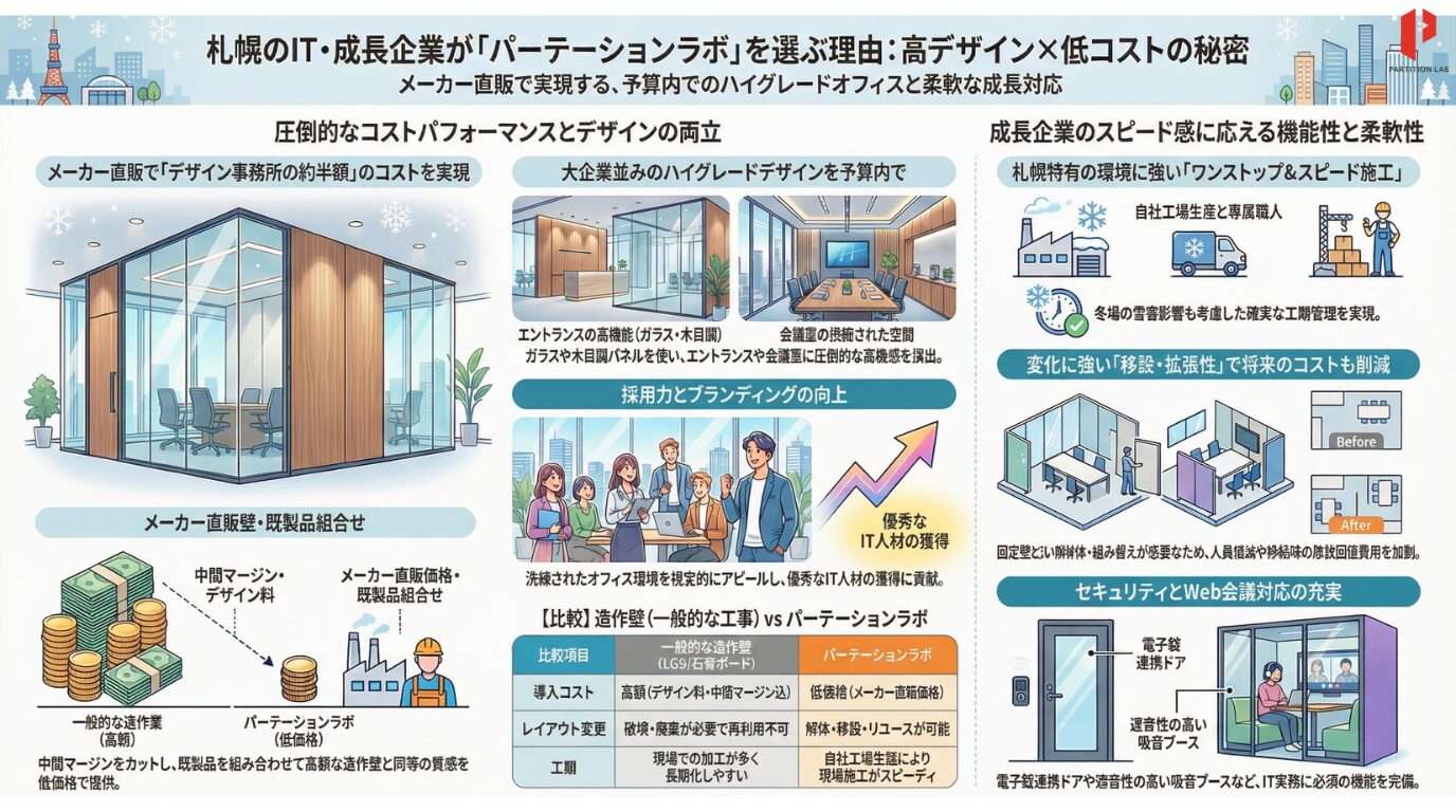 札幌地区でのオフィスづくりを成功に導くパートナーとして、パーテーションラボ札幌が提供する強み