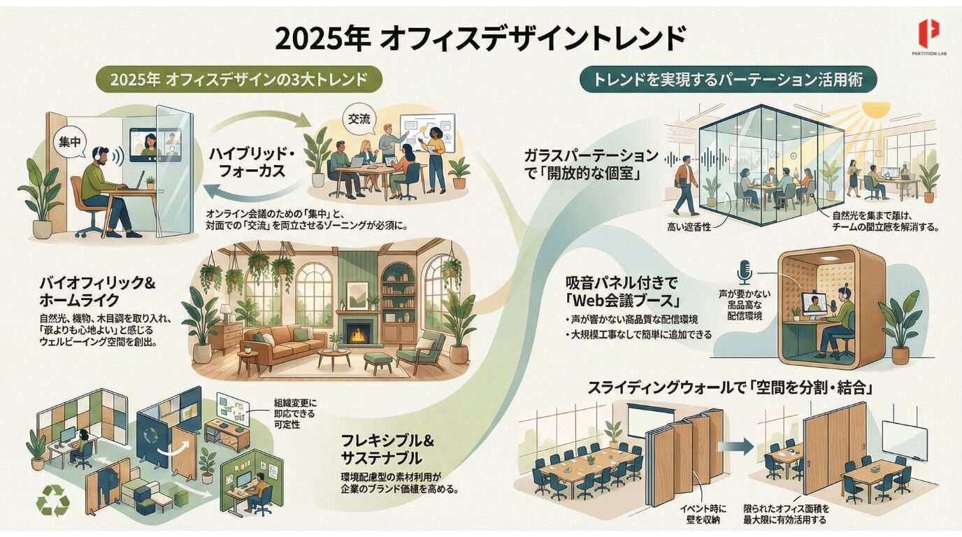 2025年のオフィスデザインは、これまでの「効率重視」から、「出社する価値」と「柔軟な空間の切り替え」を意識する経営者層が増えた年でした。特に施工型パーテーションは、単なる「壁」ではなく、光を通す、音を遮る、あるいは動かせる「多機能な演出装置」としての役割が強まっています。