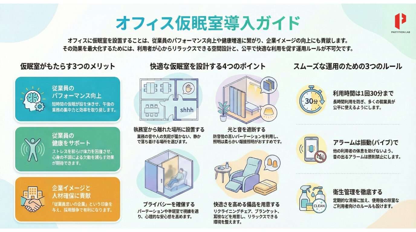 オフィスに仮眠室を導入すると、従業員の生産性向上や健康管理、採用力の強化まで、多くのメリットが得られます。