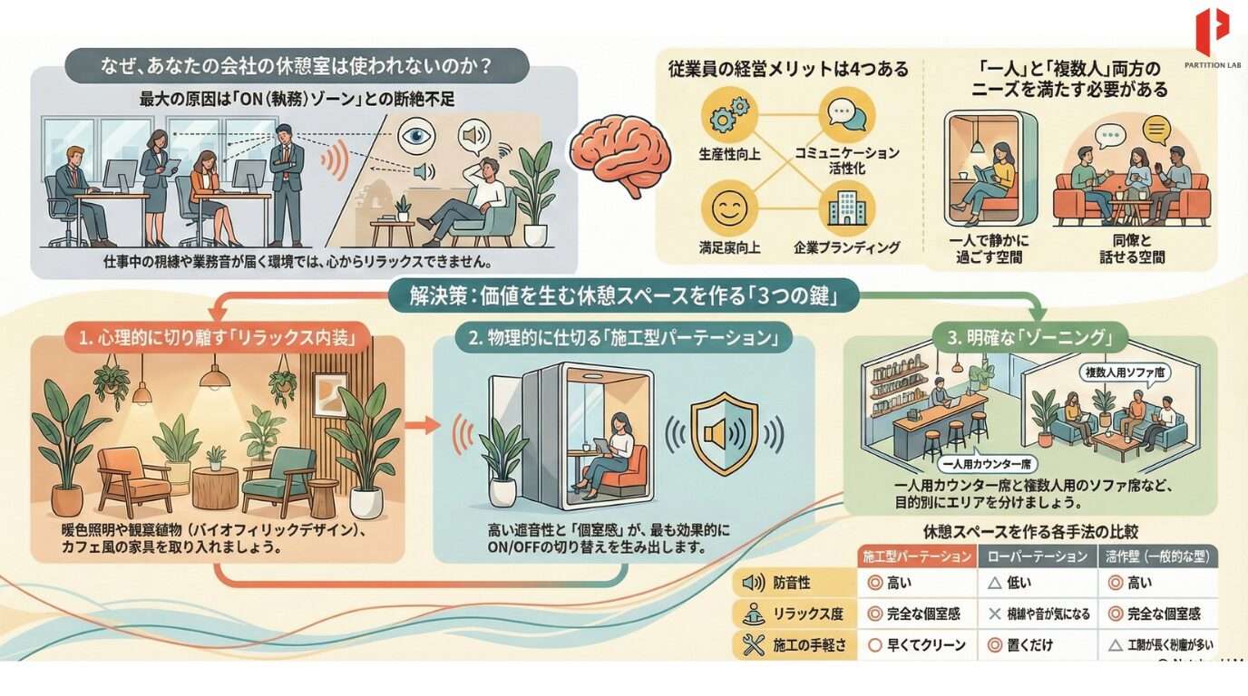 理想の休憩スペースは、いわば「従業員のエネルギーを充電するステーション」です。最適な設計とパーテーションの活用により、組織に新しい活力をもたらしましょう。魅力的な休憩スペースの構築は、従業員の心身の健康を守るだけでなく、企業の持続的な成長を支える基盤となります。しかし、限られたオフィス面積の中で、どのように動線やゾーニングを組むべきか悩むケースも少なくありません。「パーテーションラボ」では、単なる間仕切りの設置に留まらず、業務効率の向上や企業イメージの刷新を目的とした最適なオフィスレイアウトをご提案します。 施工型パーテーションの強みを活かし、静寂と交流が共存する理想の休憩環境を実現したい方は、ぜひ一度お問い合わせください。