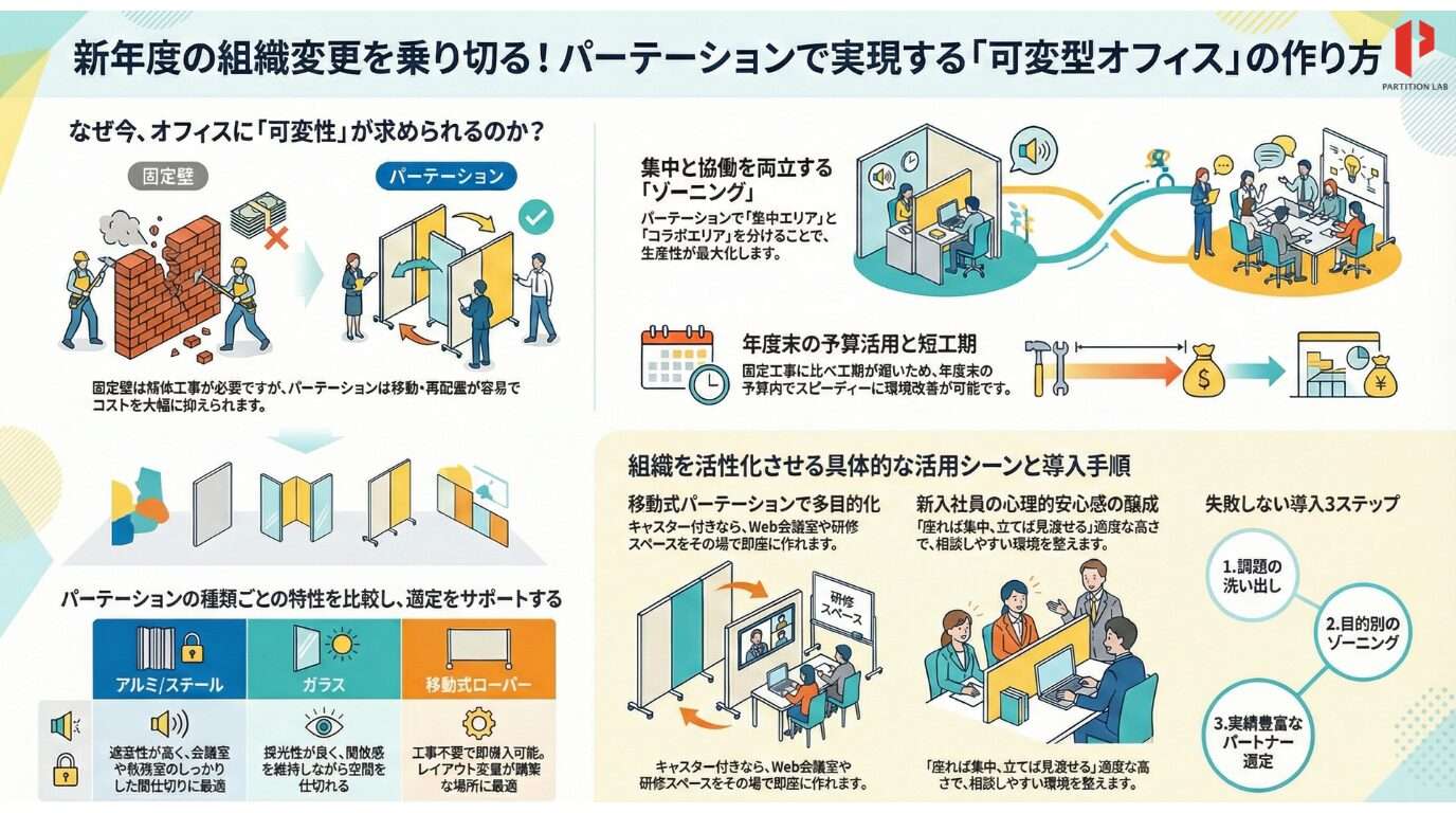 新年度の組織変更に備えるオフィス内装とは？パーテーションの活用方法も解説企業が新年度の組織変更をスムーズに行うには、変化に対応しやすいオフィス内装の準備が欠かせません。