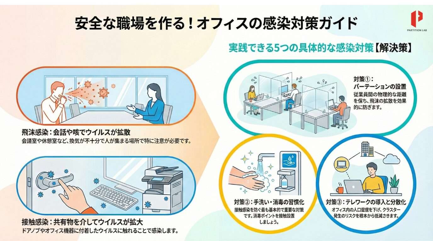 オフィス内で従業員の感染リスクを下げるには、マスクの着用や手洗い、空間の仕切り、働き方の見直しなどさまざまな対策が必要です。ここでは、代表的な感染対策を5つのポイントに分けて見ていきましょう。