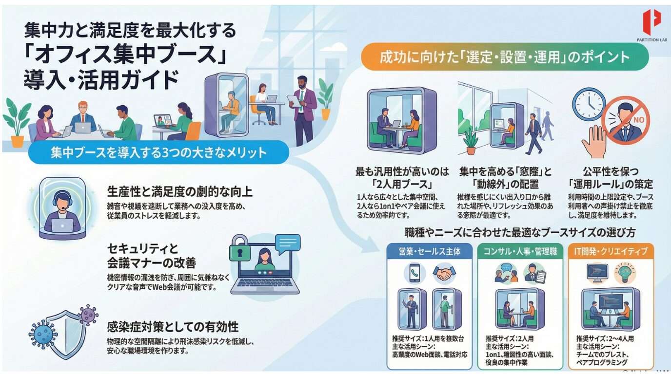 集中ブースは「ただ置けば良い」ものではありません。オフィスの動線、音の反響、そして従業員の働き方に合わせた「サイズ選び」が成功の鍵を握ります。オフィスに集中ブースを設ける必要性は年々高まっています。集中ブースを設置するメリットを得ながら運用を成功させるには、オフィスの用途に合うブースを選び、利用時間の制限や声かけ・飲食ルールの決定を行い、従業員に周知しておく必要があります。集中ブースを正しく運用すれば、従業員の業務効率や職場満足度の向上につながるでしょう。